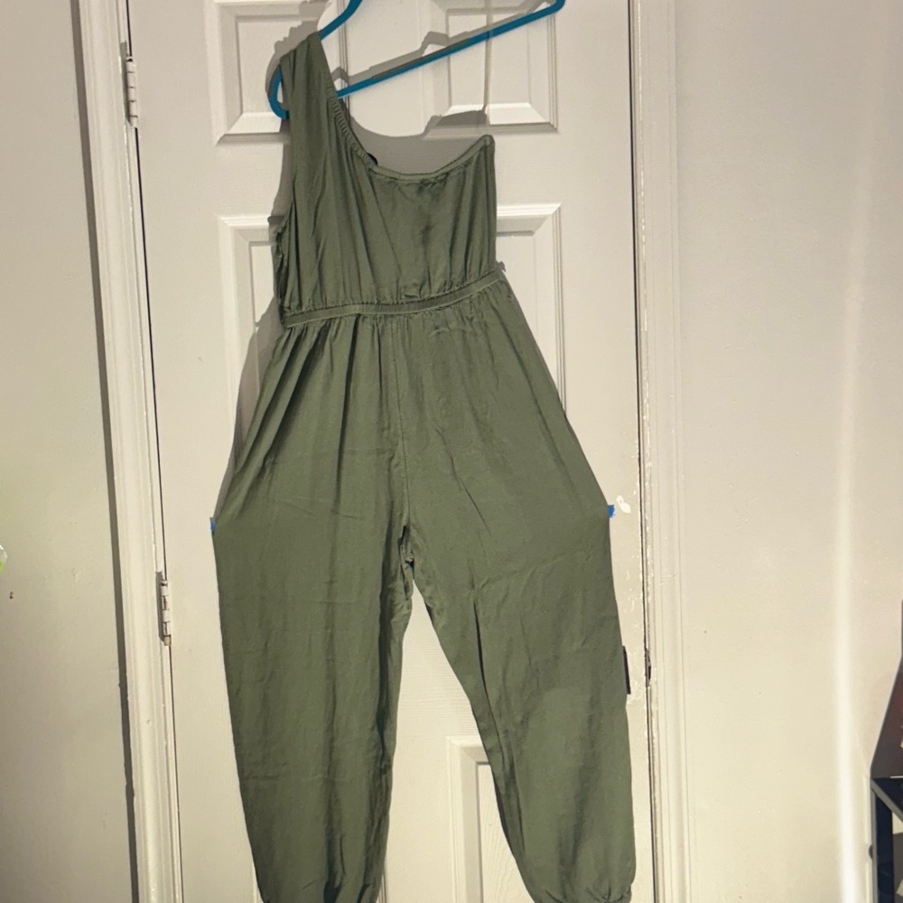 American Eagle Outfitters Olive Green One-Shoulder Jumpsuit